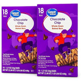 Great Value Chocolate Chip Whole Grain Baked Bars, 12g Whole Grains, Good Source of Fiber, 1.27 oz Bars, 18 Count, Pack of 2, 36 Bars Total