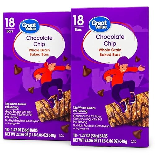 Great Value Chocolate Chip Whole Grain Baked Bars, 12g Whole Grains, Good Source of Fiber, 1.27 oz Bars, 18 Count, Pack of 2, 36 Bars Total