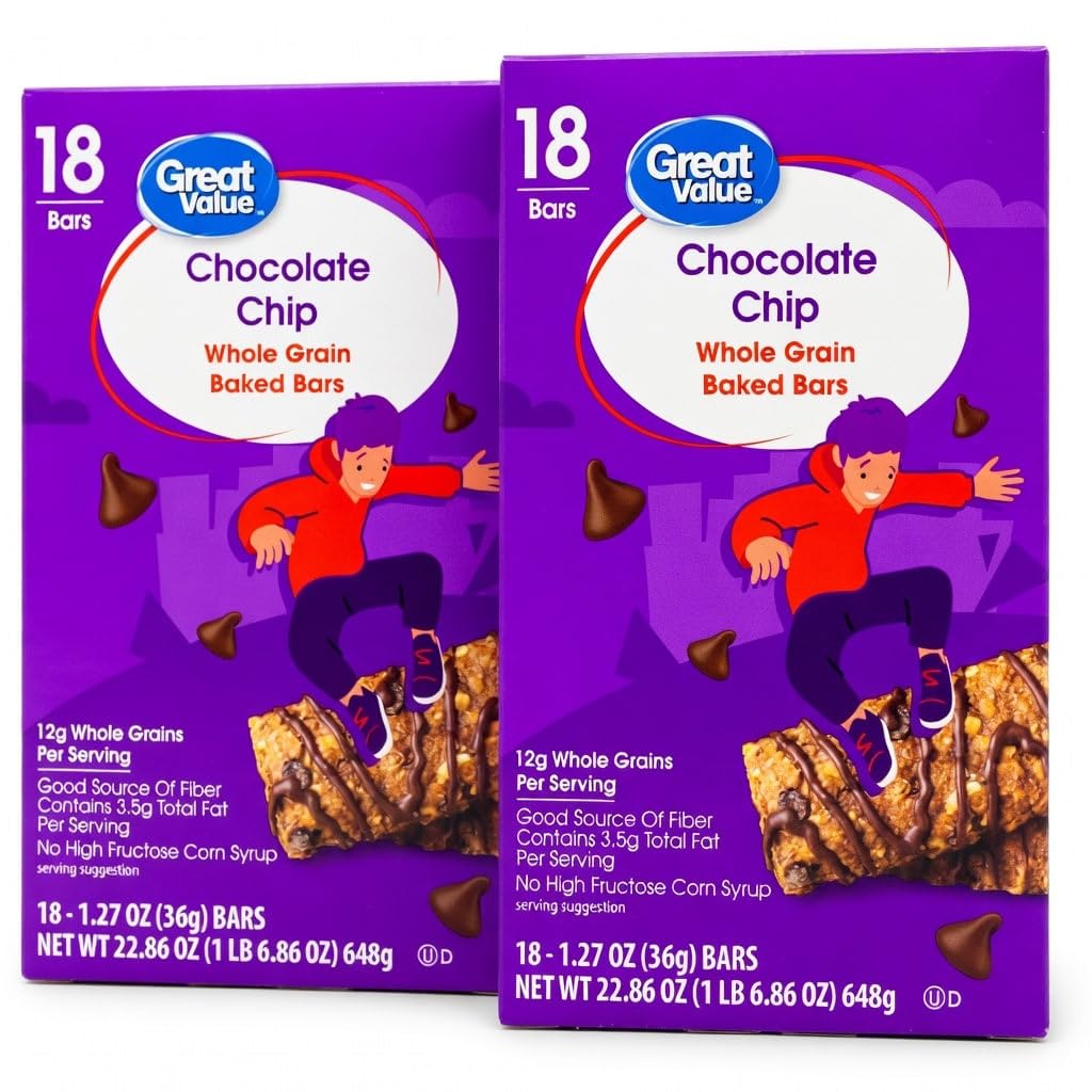 Great Value Chocolate Chip Whole Grain Baked Bars, 12g Whole Grains, Good Source of Fiber, 1.27 oz Bars, 18 Count, Pack of 2, 36 Bars Total