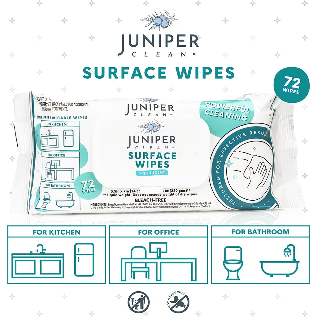 Juniper CLEAN 24 Pack Surface Cleaning Wipes Bleach Free, All-Purpose Cleaner for Bathroom, Kitchen, Office, 1728 Count Soft Flow, Fresh Scent, Bleach