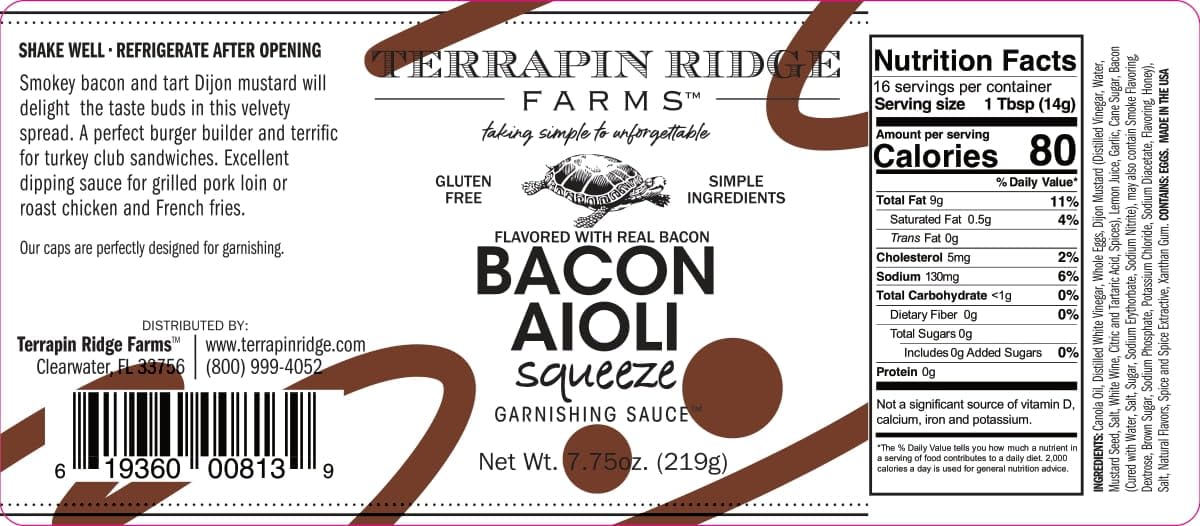 Terrapin Ridge Farms Bacon Aioli - Creamy Gourmet Spread with Smoky Bacon & Dijon Mustard - Gluten & Dairy Free, Keto Friendly,- 7.75 oz Squeeze