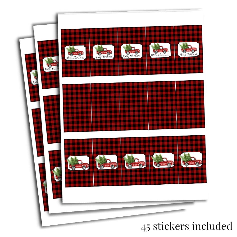 Red Buffalo Plaid Christmas Truck Miniature Chocolate Candy Bar Sticker Wrappers, 45 Wrap Around Labels Sized 1.4" x 2.6" by AmandaCreation, Great