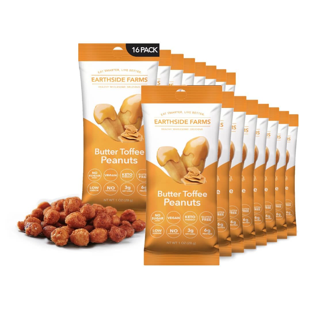 Earthside Farms Butter Toffee Peanuts, 16 Count 1oz Single Serve Snack Packs, No Sugar Added, Keto Friendly, Vegan, Gluten Free, Non GMO, Low Carb