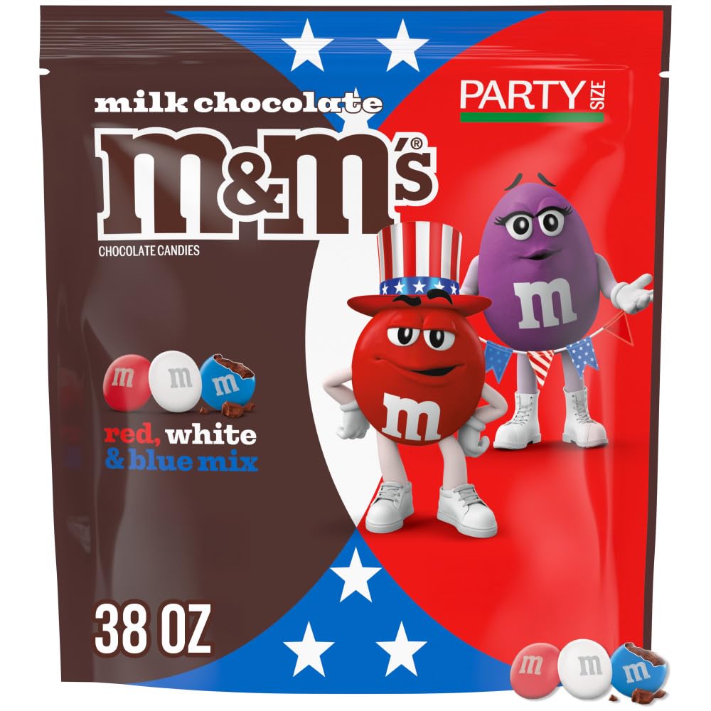 M&M'S Milk Chocolate Red, White & Blue Summer Candy, Party Size, 38 Oz Resealable Bulk Bag