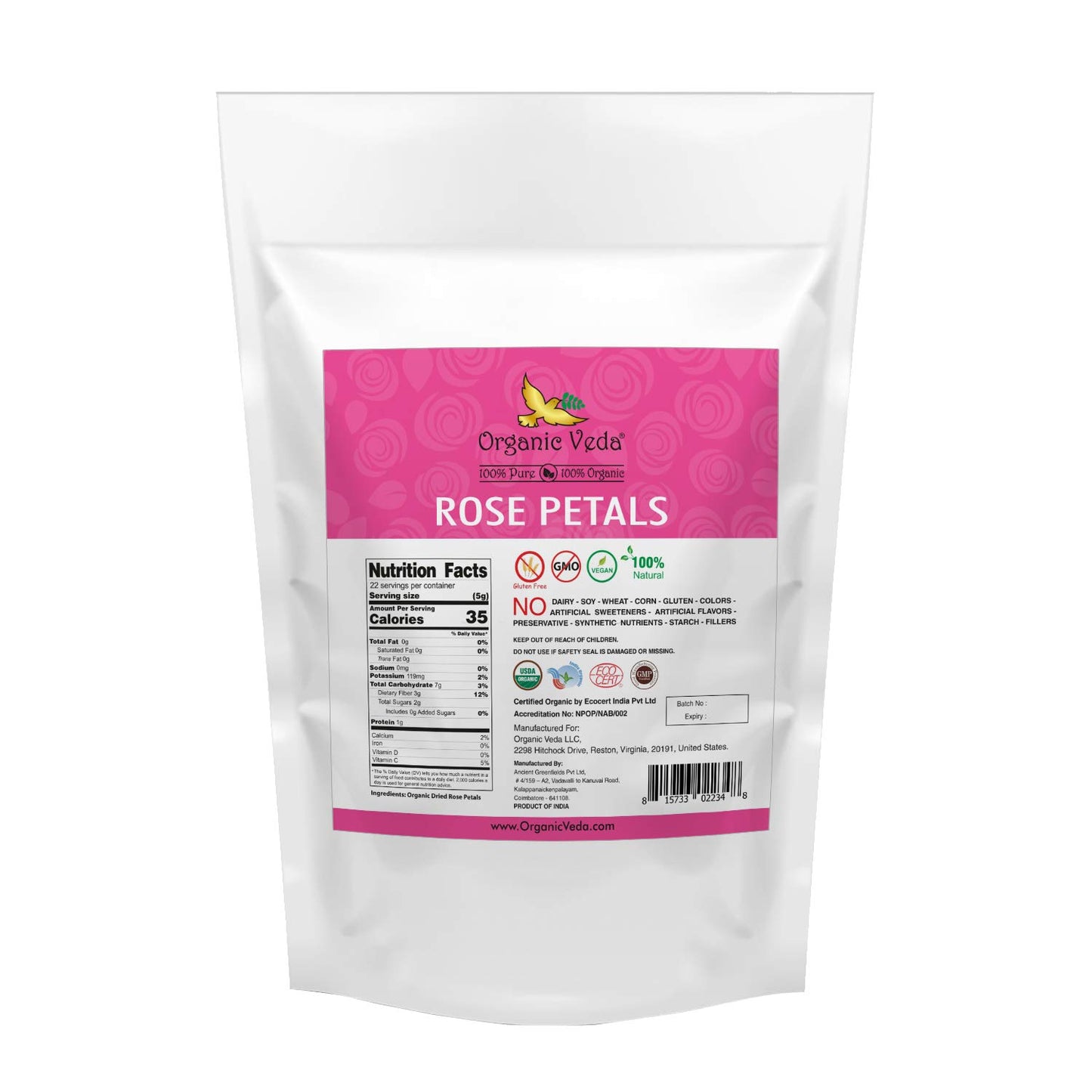 Organic Veda Dried Rose Petals, 4 oz - 100% Organic Real Edible Rose Petals - Food Grade USDA Rose Petal for Making Rose Water, Baking, Herbal Tea