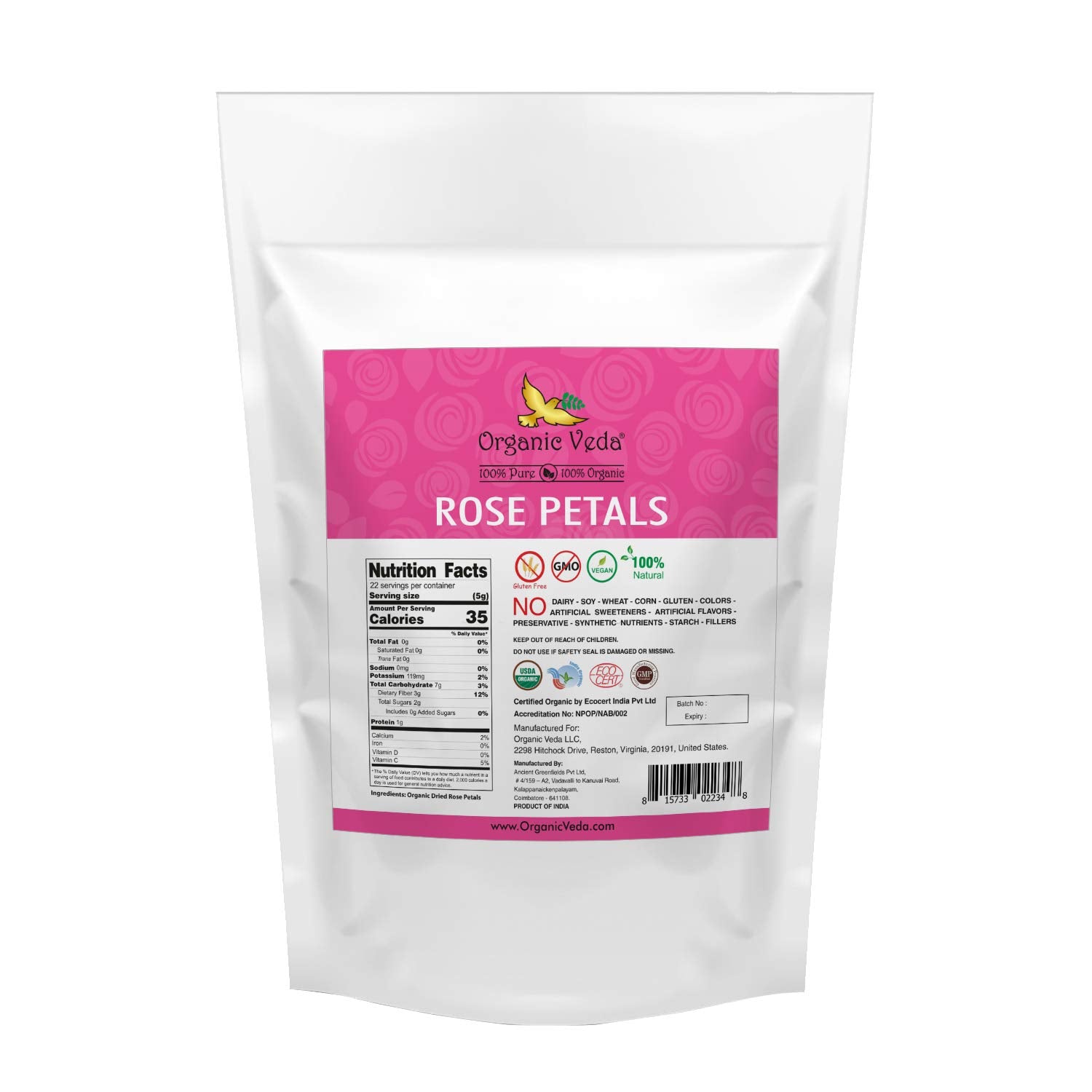 Organic Veda Dried Rose Petals, 4 oz - 100% Organic Real Edible Rose Petals - Food Grade USDA Rose Petal for Making Rose Water, Baking, Herbal Tea