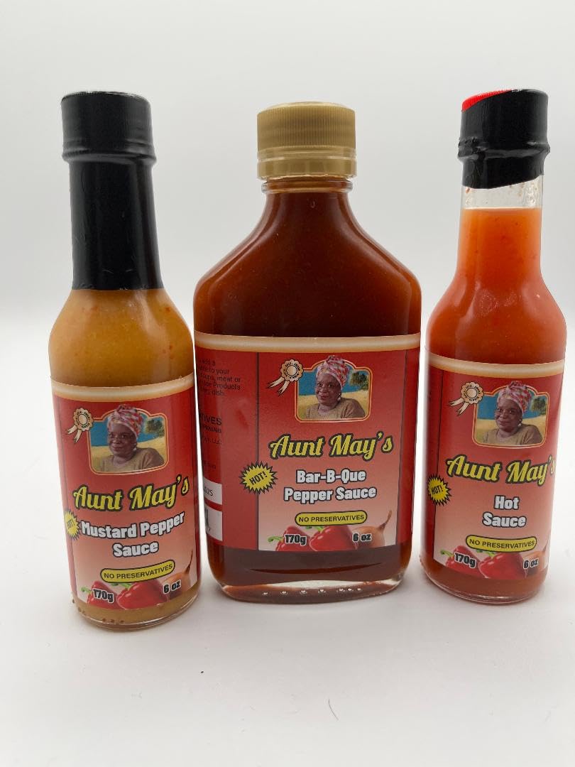 Aunt May's Pepper Sauce, Mustard Pepper Sauce, Bar-B-Que Pepper Sauce, Hot Sauce, 6 oz