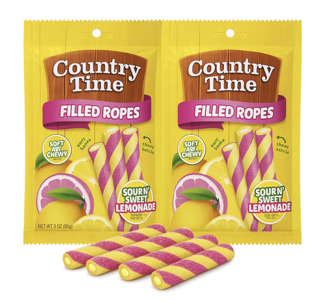 Country Time Candy Filled Ropes Sour N' Sweet Lemonade Gummy Candy Sticks, Soft & Chewy Twist Candy 3 oz. - 2 Pack by Macco