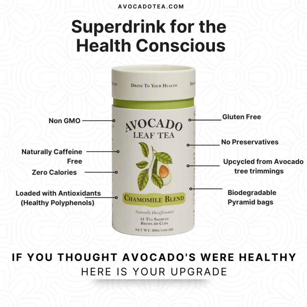 Avocado Leaf/Chamomile Tea - Caffeine-free, Herbal Tea | Immune Support | Cold Brew or Hot Tea | 15 Tea Bags - 30 Servings (Gluten Free & Non-GMO)
