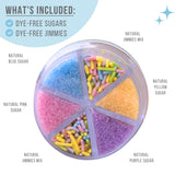 Sweets Indeed Dye Free Pastel Sprinkles 6 Cell, Yellow Blue Purple and Pink Sugar with Pastel Jimmies, No Artificial Dyes, Edible Cake Decorations