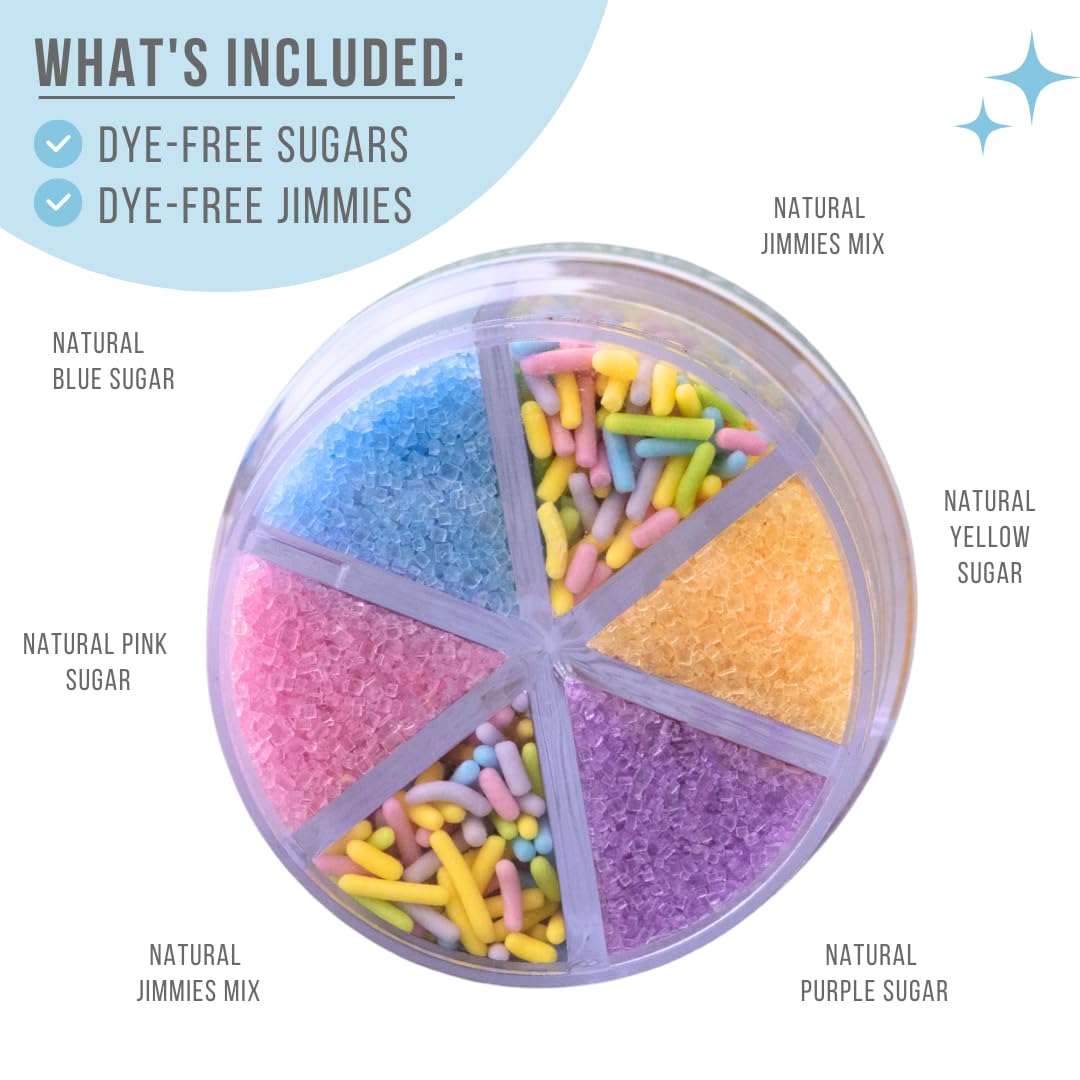 Sweets Indeed Dye Free Pastel Sprinkles 6 Cell, Yellow Blue Purple and Pink Sugar with Pastel Jimmies, No Artificial Dyes, Edible Cake Decorations