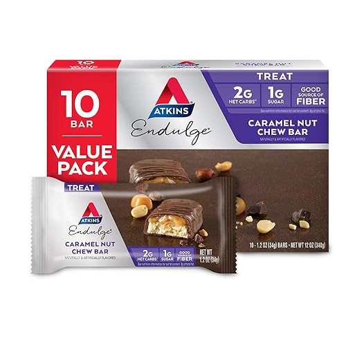 Atkins Endulge Caramel Nut Chew Bar, Low Sugar Snack, Dessert Bar, High Fiber Bar 1g Sugar, 10 Count