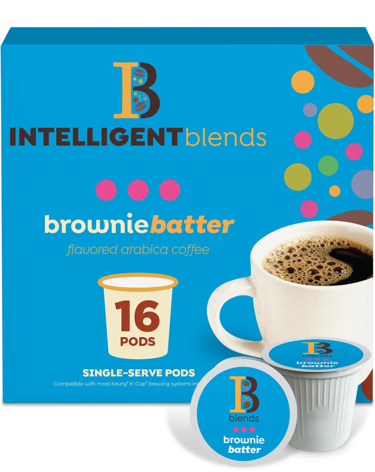 Intelligent Blends Brownie Batter Flavored Coffee Pods, 16 ct, Medium Roast Single Serve Pods - 100% Arabica Coffee, Compatible with Keurig K Cups