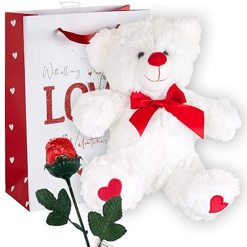 Valentine’s Day Gift Basket | 10 Inches Teddy Bear Plush (Color May Vary), Valentine Theme Gift Bag & one Belgian Milk Chocolate Roses with Edible
