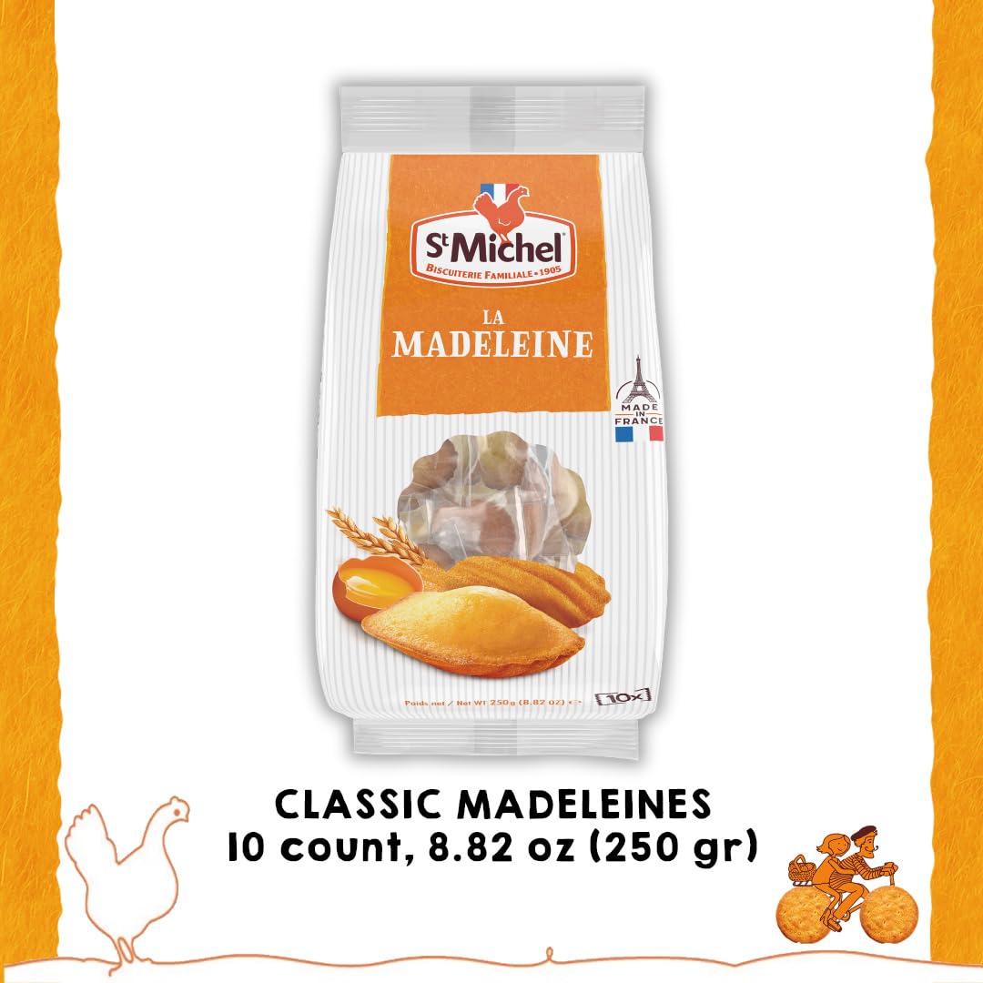 St Michel Traditional Madeleines French Sponge Cakes Made In France, Pack of 2 (250g each) Non-GMO. Total of 20 Individually Wrapped All Butter