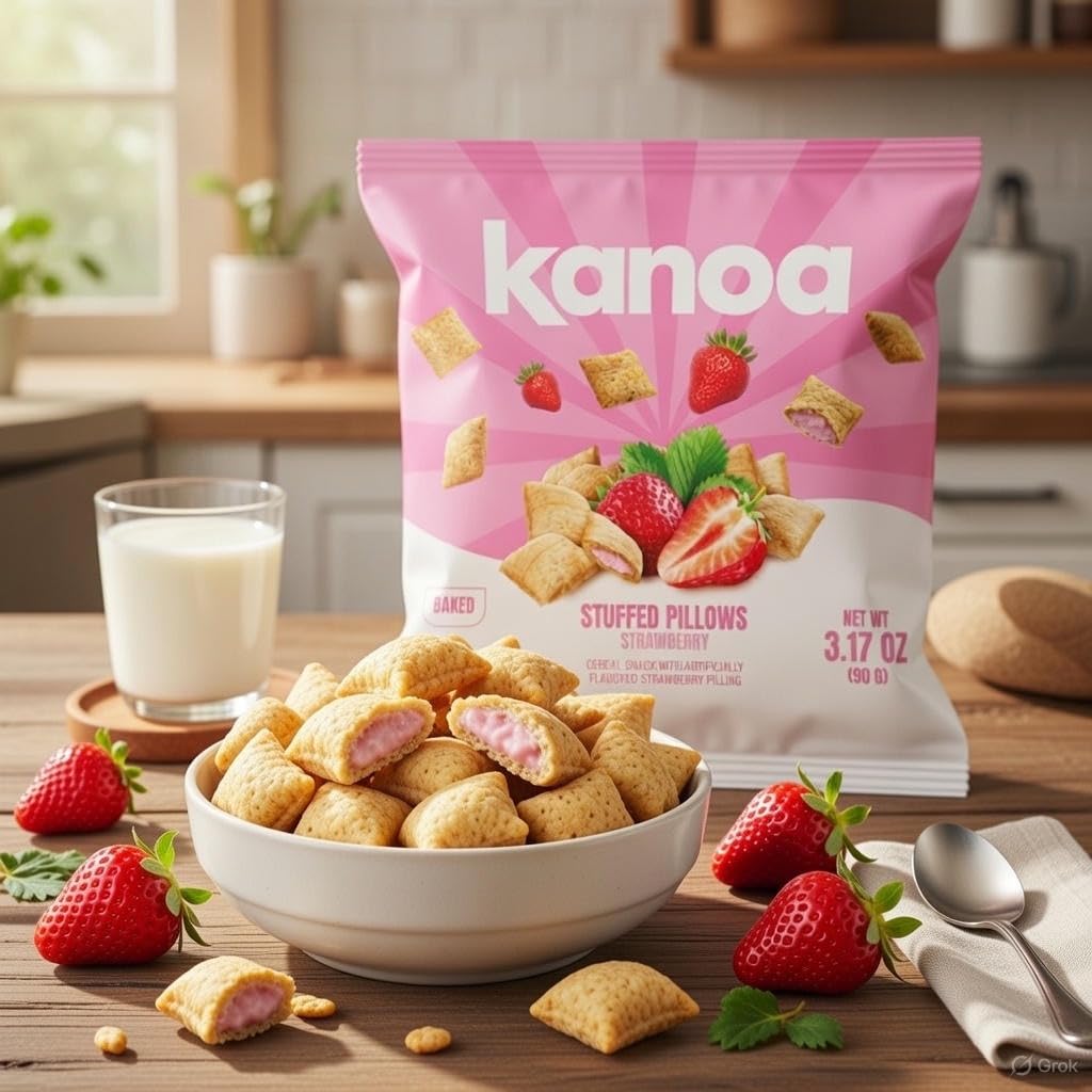 Kanoa Filled Cereal Snacks - 3.17 oz Bags (Pack of 14) - Gluten Free Cereal Pillows Snack (Strawberry)