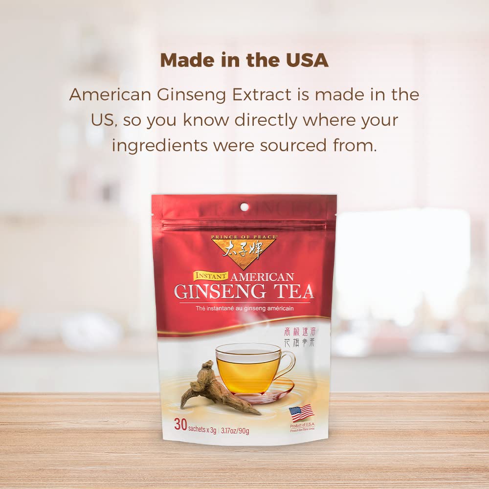 Prince of Peace Instant American Ginseng Tea, 30 Sachets - Healthy Drink, Caffeine-Free Energy-Boosting, Heavy Antioxidants, Made in the USA, Plant