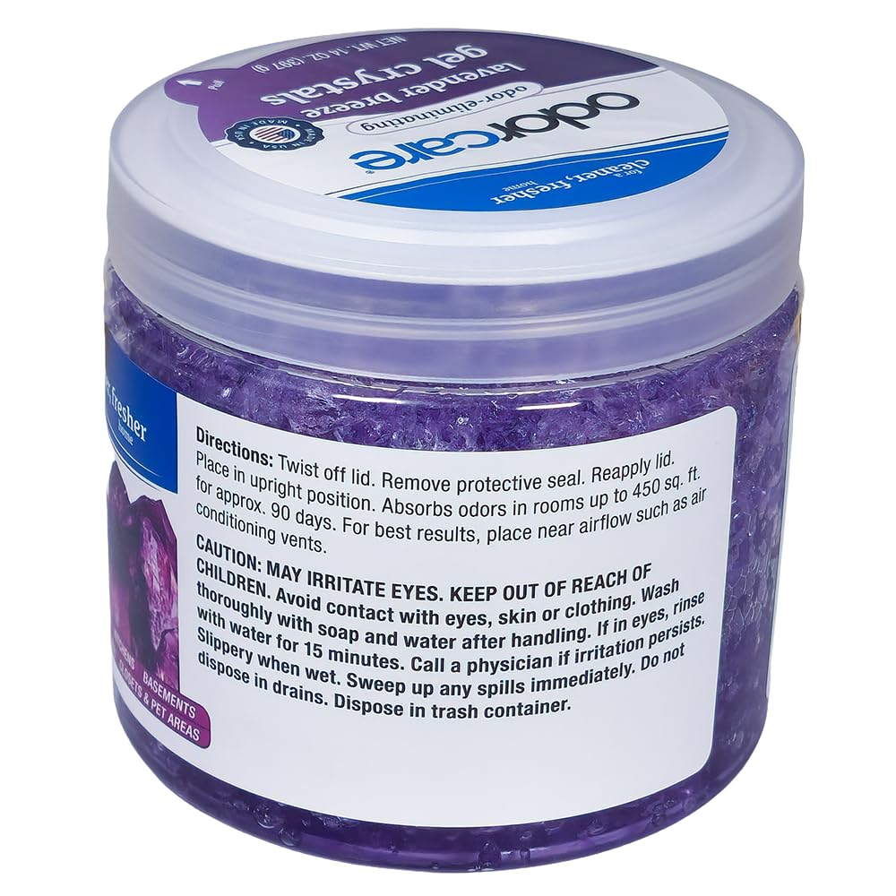 OdorCare 14 oz Gel Crystal Odor Absorber, Odor Eliminator for Smoke, Odor, & Musty Smell in Home, Bathroom, Kitchen, Pet Areas, Made in USA, Lavender