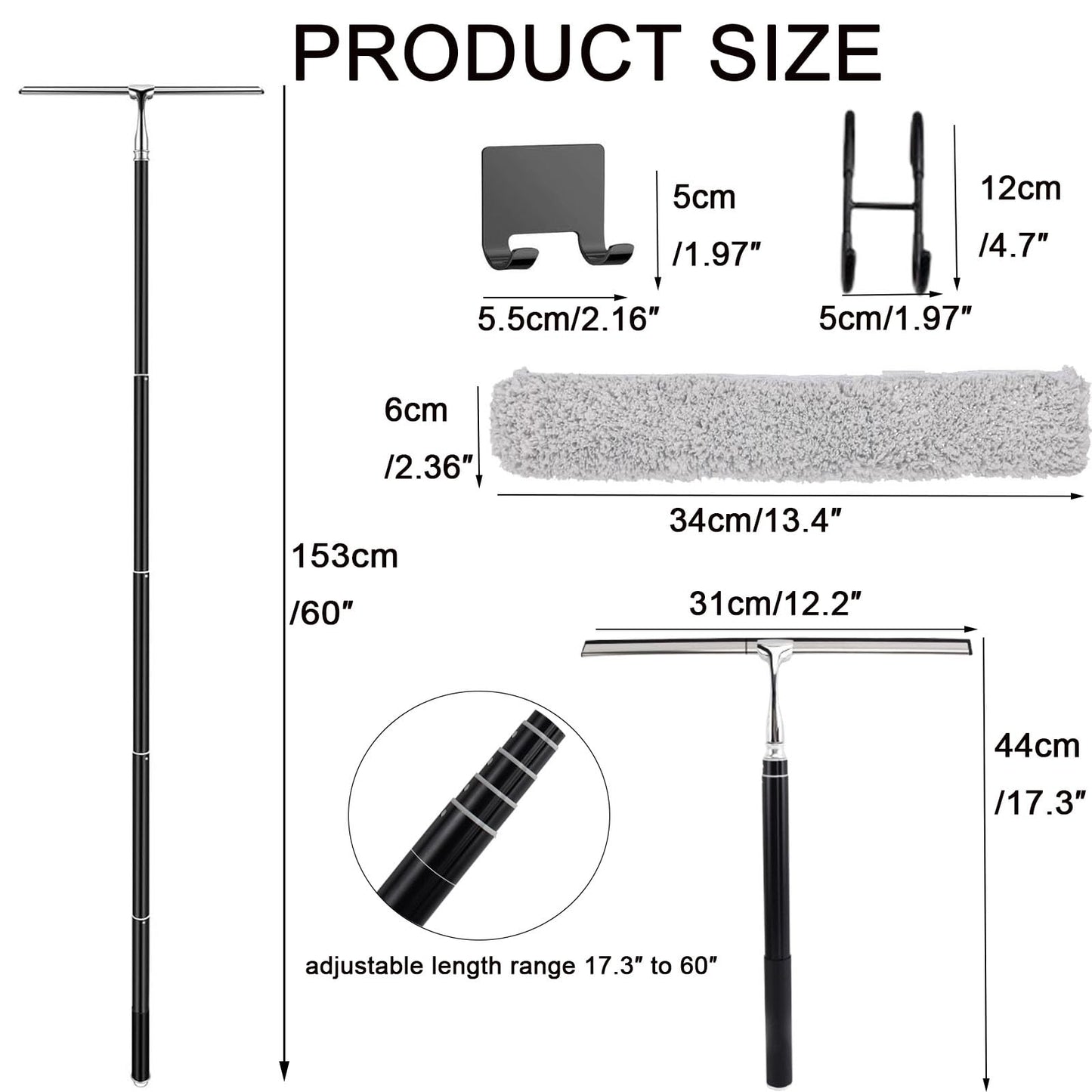 17.3?-60? Extendable Shower Squeegee with Long Handle - Metal Window Squeegee with Extension Pole for Shower Glass, Home High Window, Floors