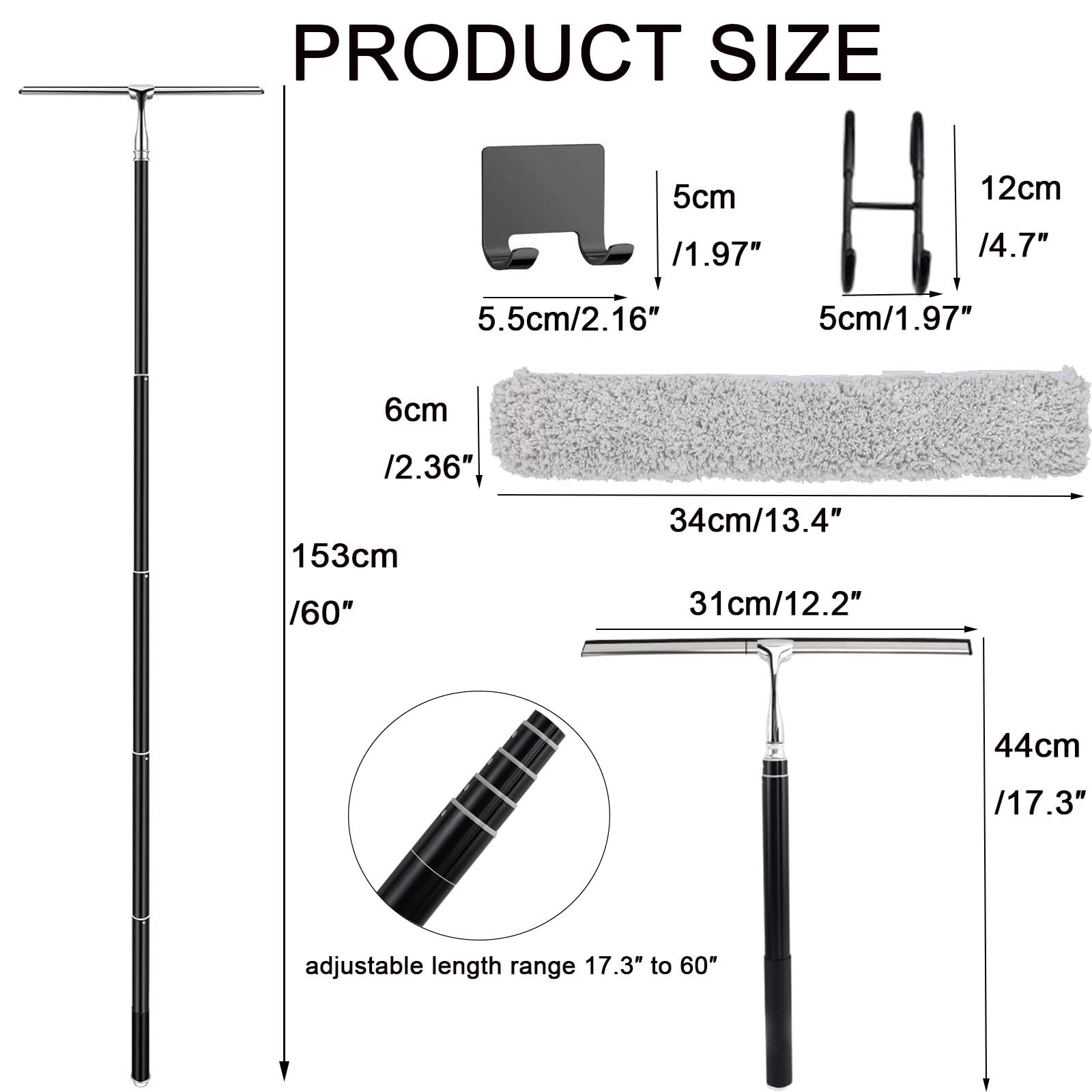 17.3?-60? Extendable Shower Squeegee with Long Handle - Metal Window Squeegee with Extension Pole for Shower Glass, Home High Window, Floors