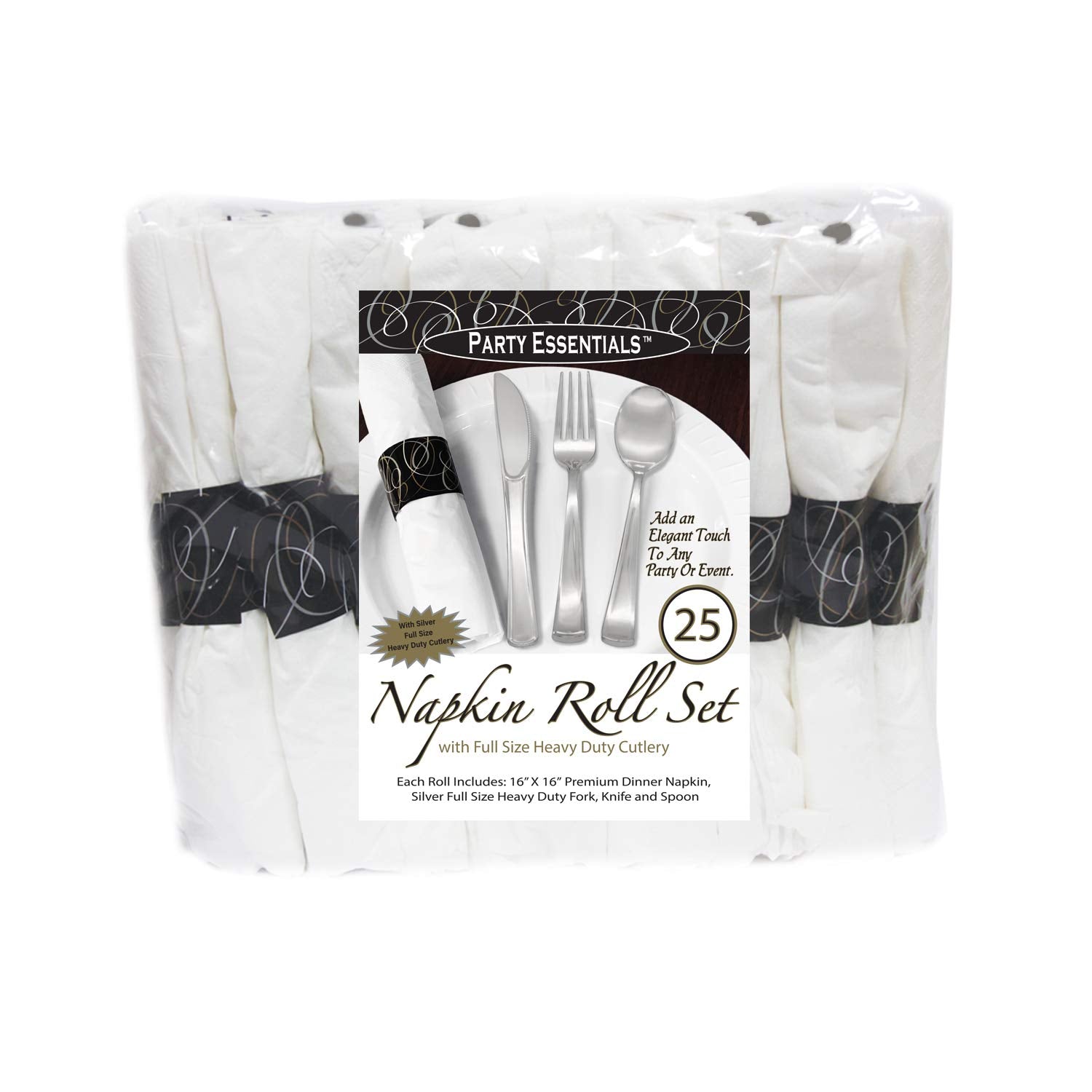 Party Essentials Party Supplies Wrapped Silverware Set Disposable, Pre Rolled Napkin and Cutlery, Spoons/Forks/Knives Silver, 25 Units