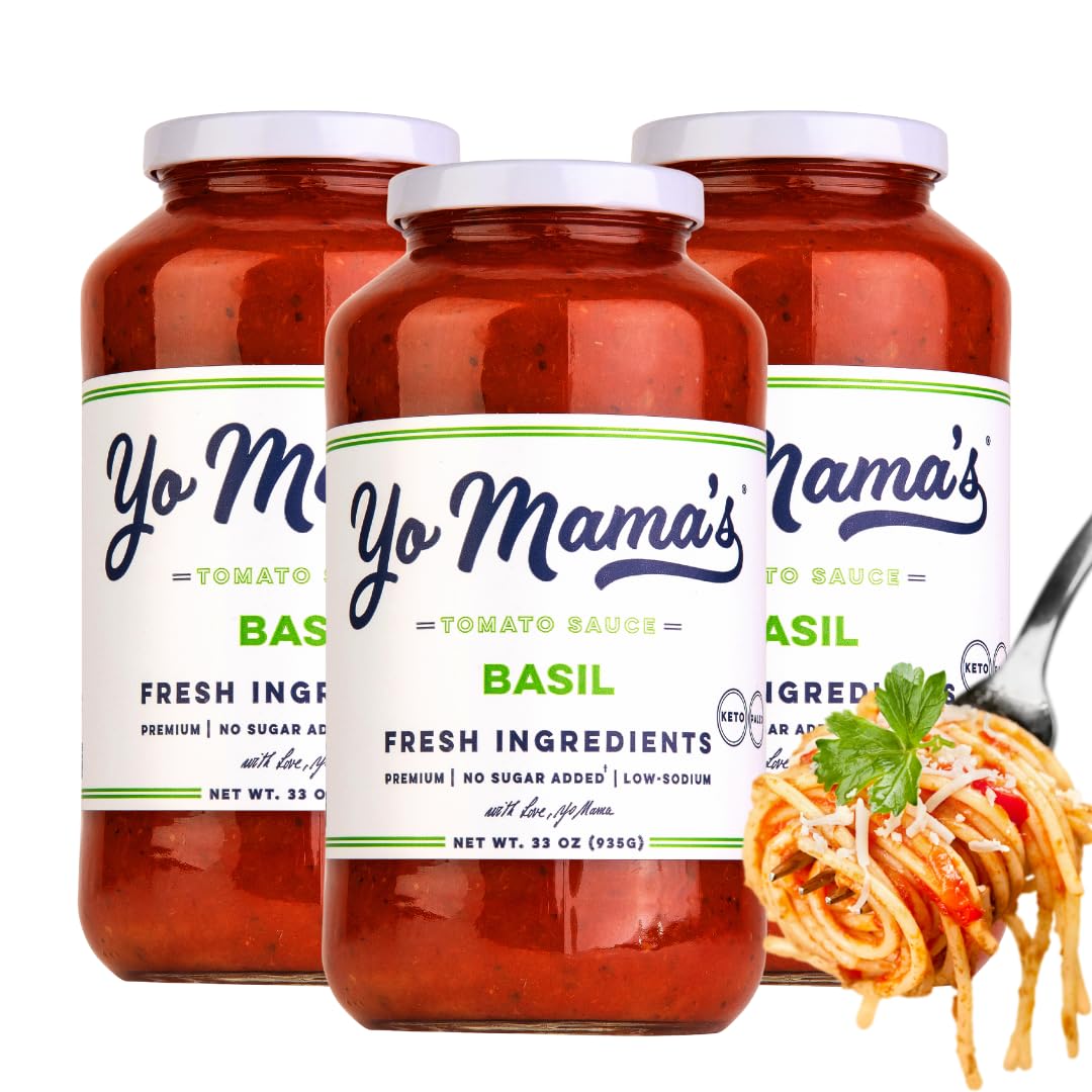 Yo Mama's Foods Keto Tomato Basil Pasta and Spaghetti Sauce - Pack of (3) - No Sugar Added, Low Carb, Low Sodium, Vegan, Gluten Free, Paleo Friendly