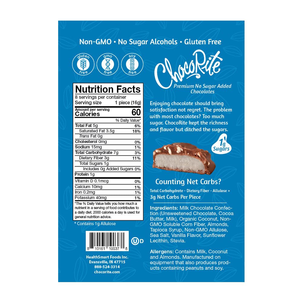 ChocoRite Milk Chocolate Coconut Almond | No Added Sugar | Gluten Free, Soy Free, Non-GMO | No Sugar Alcohols | Pack of 6 Pouches