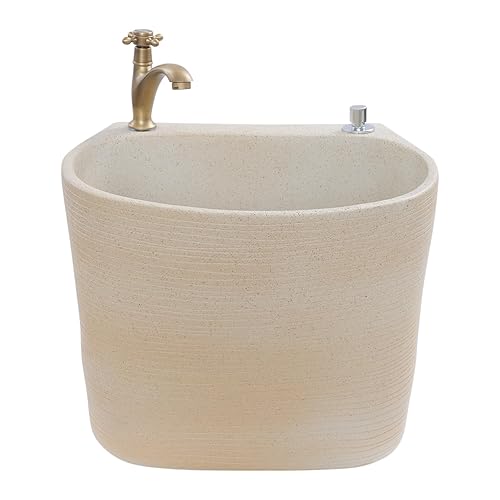 Garden Floor Mop Sink Set 16x13x16in, Ceramic Utility Mop Basin with Faucet and Button Drainage Large Capacity Mops Bucket for Garage Laundry Room