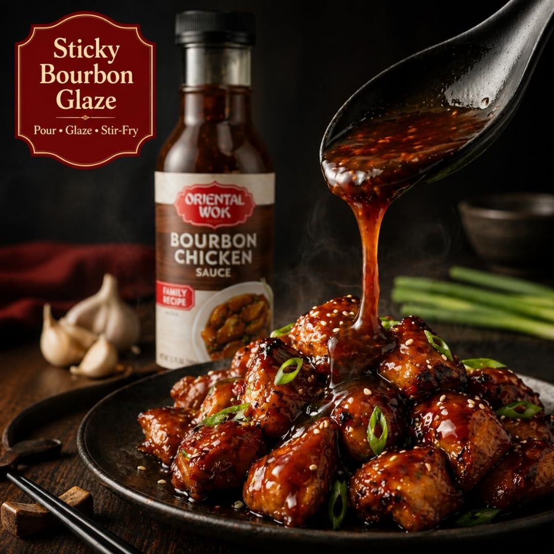 Oriental Wok Bourbon Infused Chicken Sauce, Authentic Kentucky Bourbon, Savory & Sweet Blend, Ideal for Chicken, Seafood & other Meats, 14 oz (1 Pack)