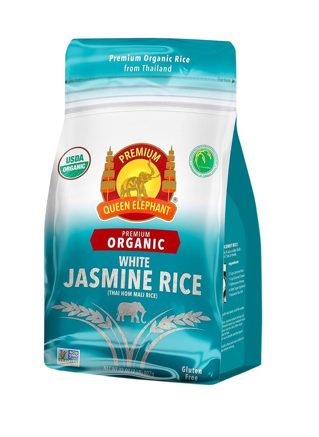 Queen Elephant Premium Organic White Jasmine Rice 2lbs Bag | Product of Thailand | USDA Certified Organic, Non-GMO, Kosher, Vegan & Gluten Free