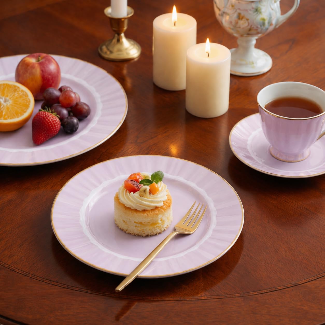 Lillian Tablesettings 32-Piece Pink Plastic Plates Set, 16×10" Dinner & 16×7" Salad Plates, Heavyweight Disposable Plates with Gold Rim, Elegant Petal