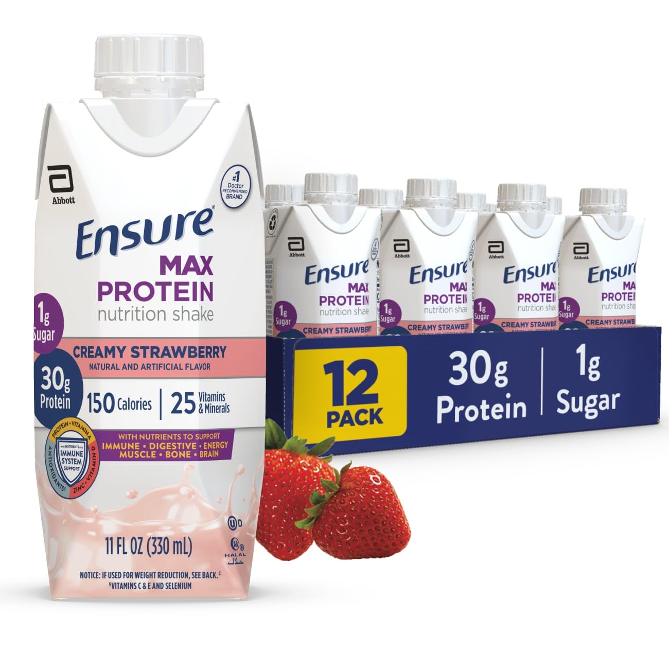 Ensure Max Protein Shake | Creamy Strawberry | Ready to Drink | 30g Protein for Muscle Health | 1g Sugar, 4g Fiber | 11 fl oz Bottle, 12 Pack