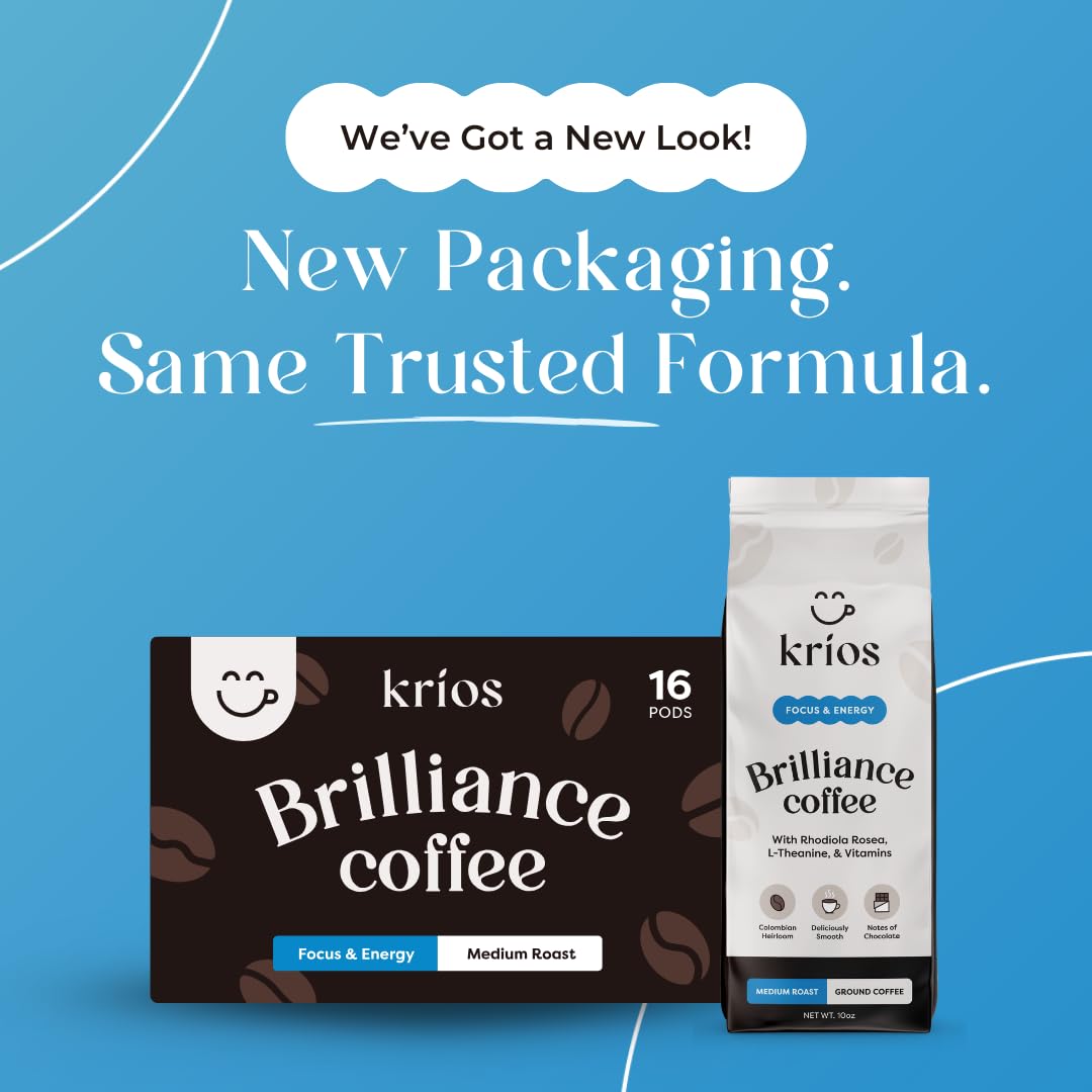 Krios Coffee Brilliance Ground Coffee, Enhance Energy & Focus with Essential Vitamins, L-Theanine & Rhodiola Rosea, Medium Roast, Smooth, 10 oz bag
