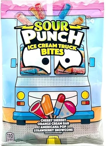 Sour Punch, Ice Cream Truck Bites, Candy, Cherry Sherbet, Orange Cream Bar, Americana Pop, Strawberry Snow Cone 3.7oz
