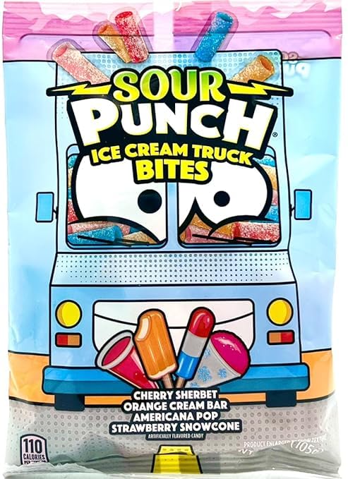 Sour Punch, Ice Cream Truck Bites, Candy, Cherry Sherbet, Orange Cream Bar, Americana Pop, Strawberry Snow Cone 3.7oz