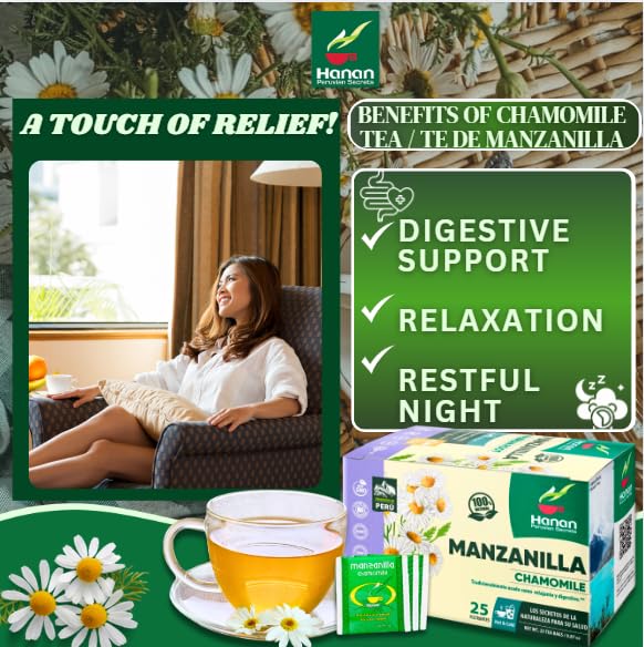 Chamomile Tea 25 Herbal Teabags of Te De Manzanilla Natural Dried Camomile Tea from Peru by Hanan