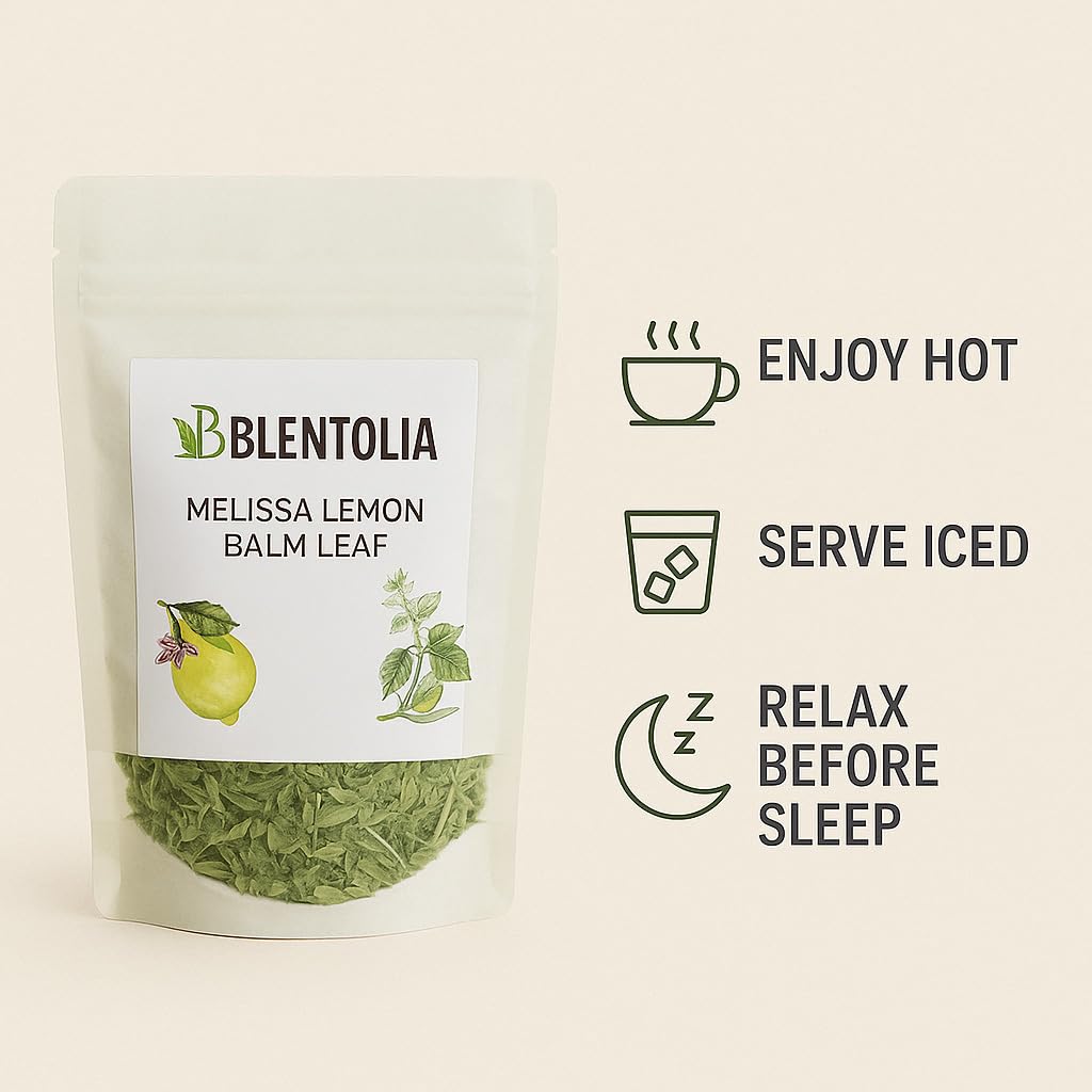 Blentolia Melissa Lemon Balm Leaf - Calming Herbal Tea - Caffeine-Free, 100% Natural - Soothing Lemon Flavor - Loose Leaf Herbal Infusion - 16g