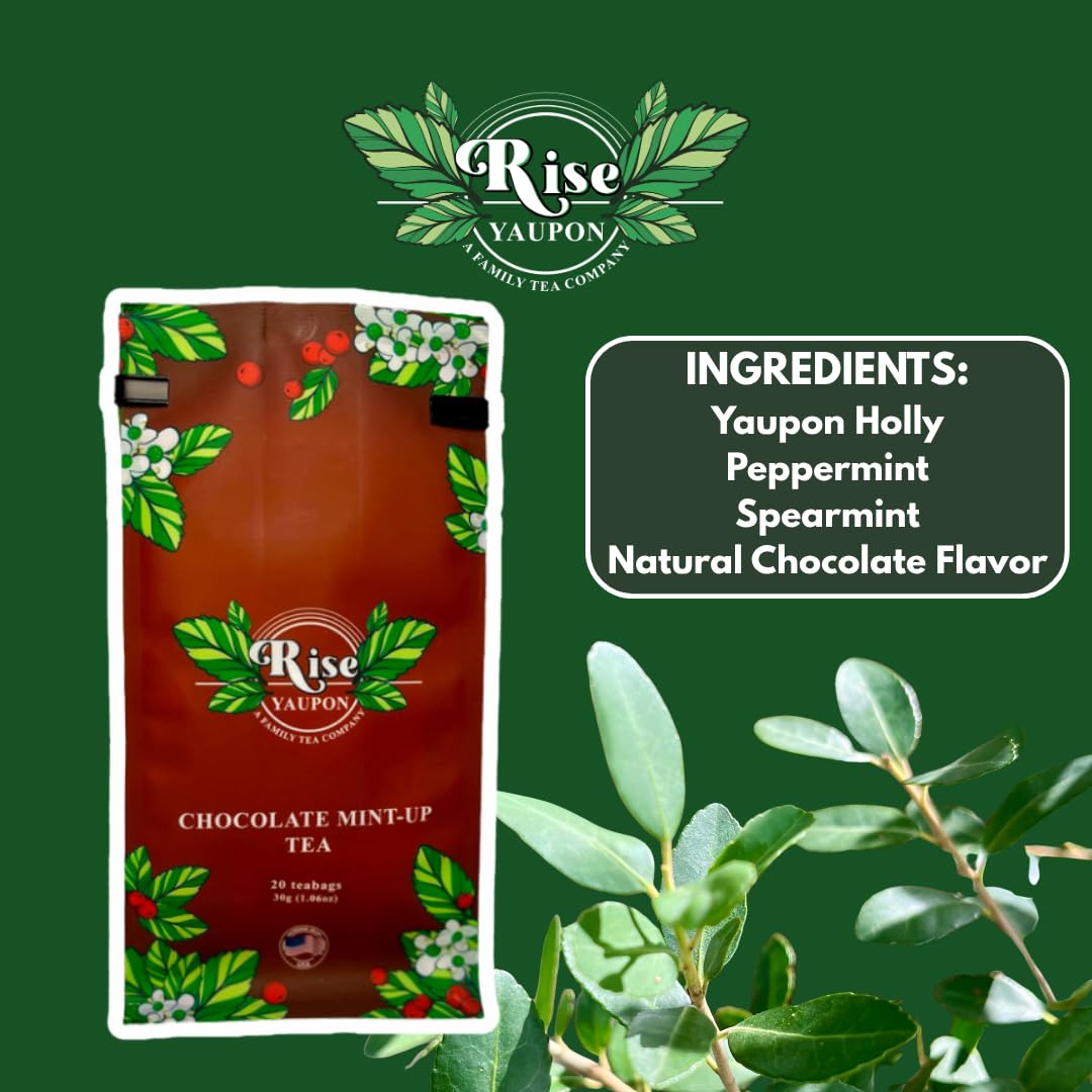 Rise Yaupon Chocolate Mint-Up Yaupon Holly Tea, 20 Teabags, 1.06oz, a blend of American-grown Yaupon Holly combined with Spearmint, Peppermint