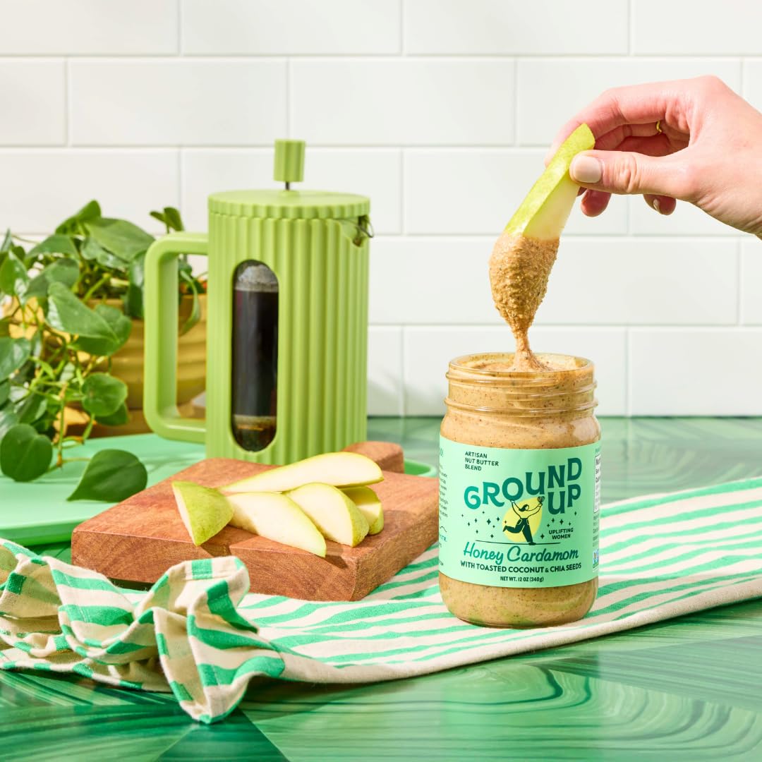 Ground Up Almond & Cashew Nut Butter - Honey Cardamom With Chia Seed - Peanut-Free, Dairy-Free, Gluten-Free, Vegan - 1 Jar 12oz