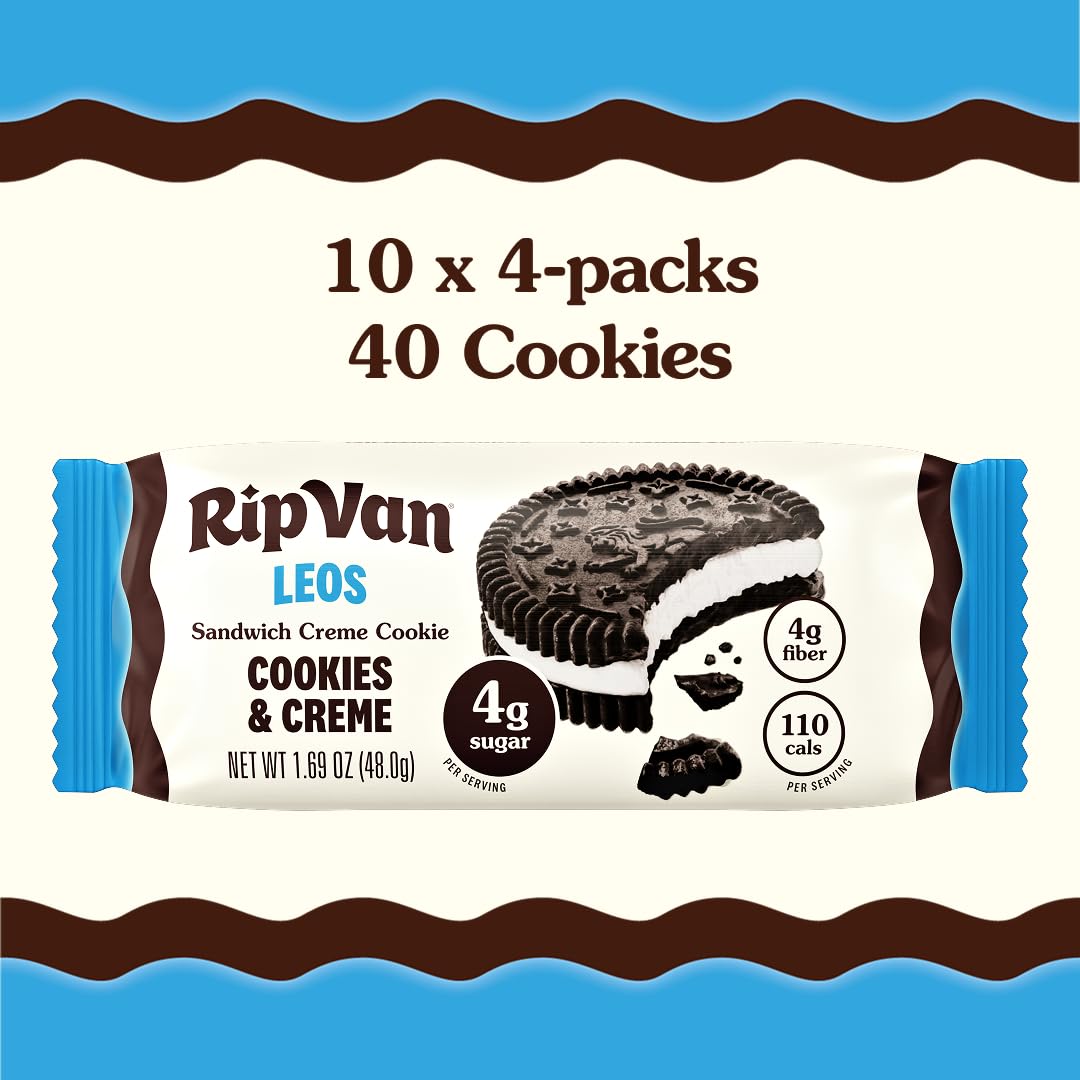 Rip Van LEOs - Cookies and Cream Sandwich Cookies - Low Sugar Snack Cookies - Low Carb Snack - Diabetic Snacks - 40 Low Sugar Cookies (10 Packs