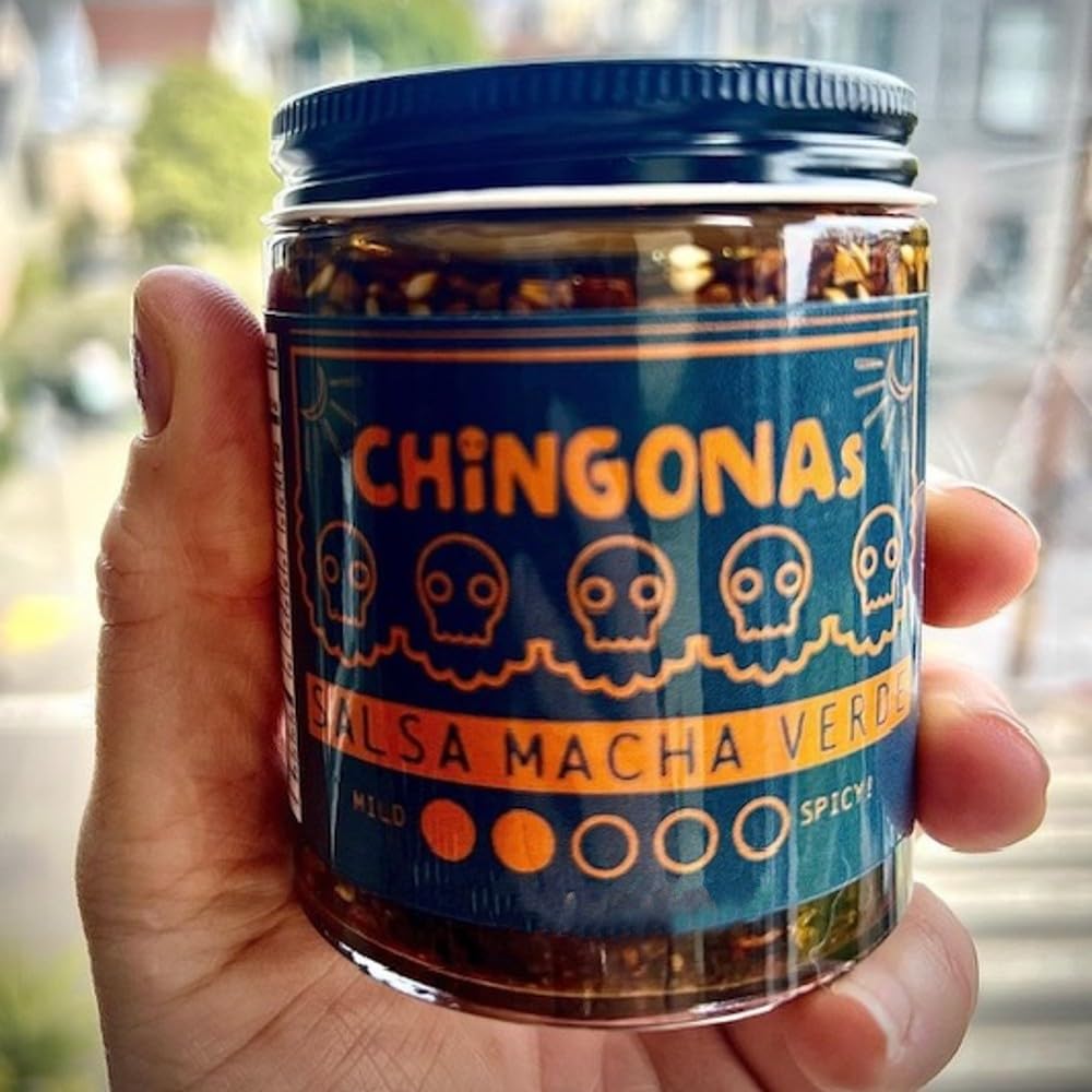 CHiNGONAs Salsa Macha Verde - Gourmet Mexican Oil-based Chili Crunch Sauce, Vegan and Gluten-Free, Crunchy Chili Oil, 6 oz