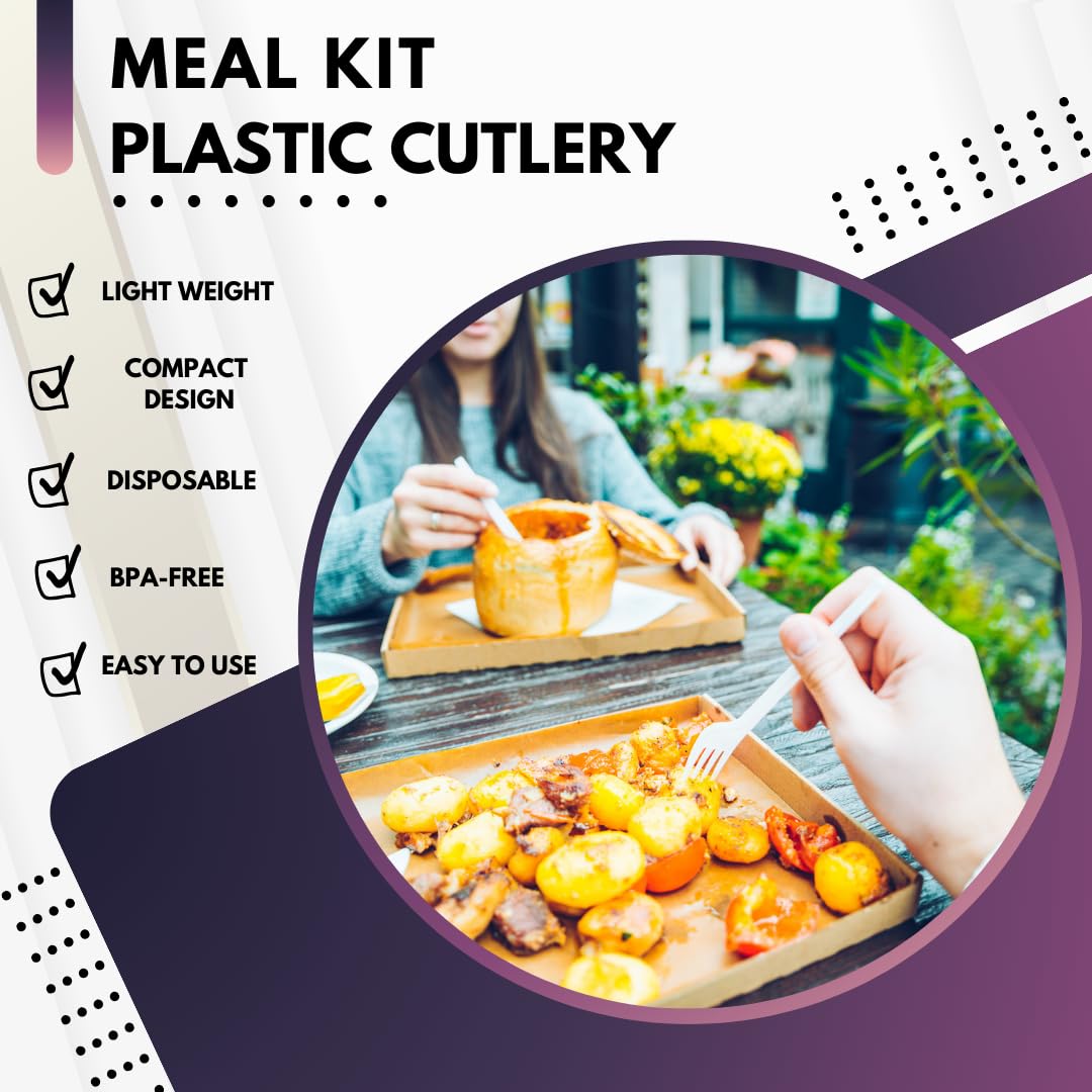 Green Direct Medium Weight Wrapped Plastic Cutlery Set with Napkin, Fork, Spoon, Knife, Salt, Pepper, White 50 Pack Plastic Cutlery Meal Kit