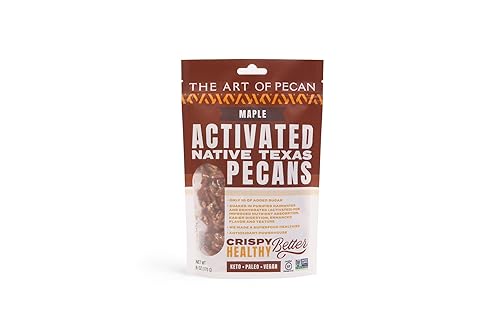 AOP Maple Activated Native Texas Pecans, naturally crunchy, soaked and dehydrated, very low sugar premium snack. Non-GMO, Gluten-Free, Vegan, Paleo