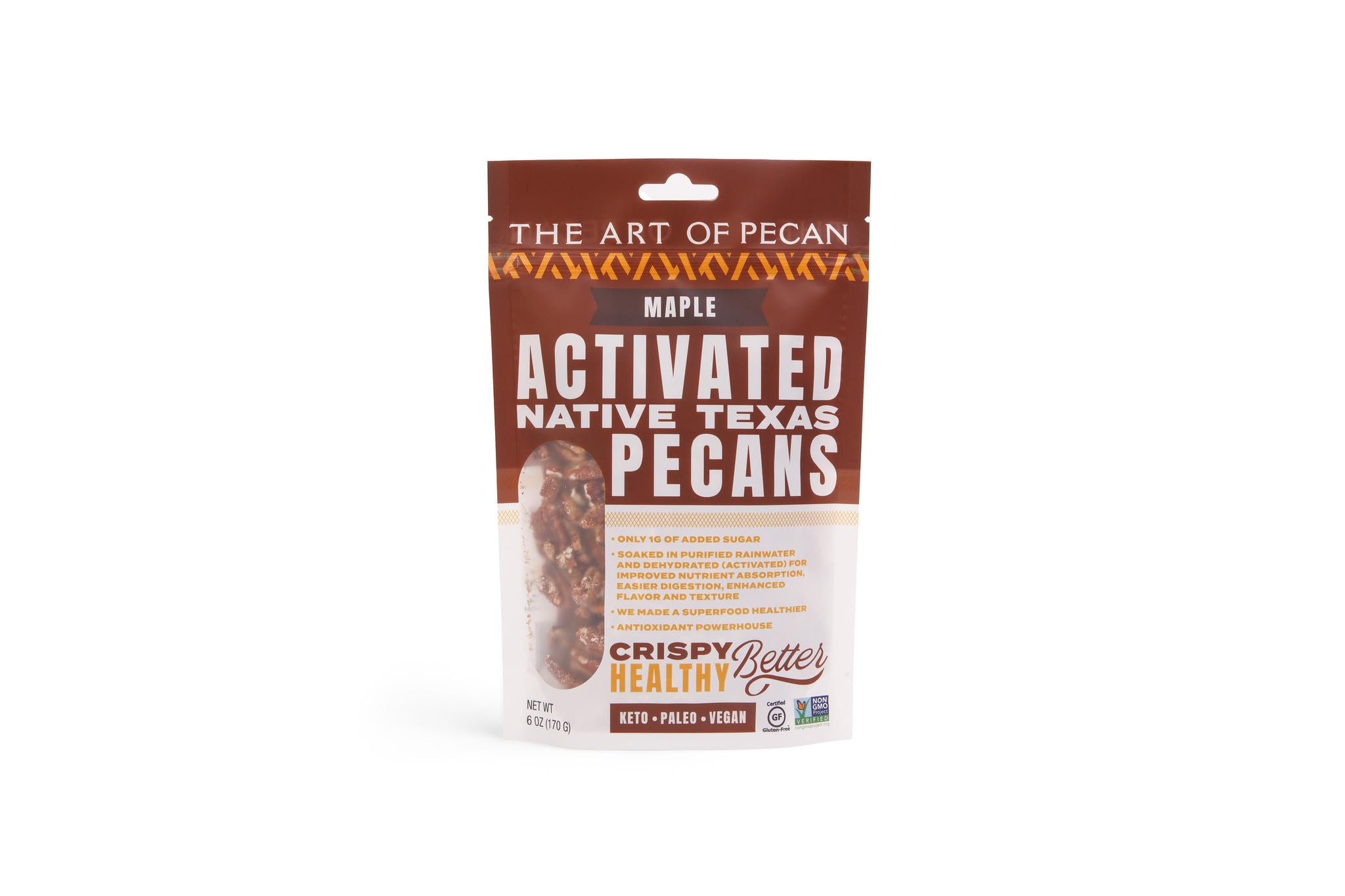 AOP Maple Activated Native Texas Pecans, naturally crunchy, soaked and dehydrated, very low sugar premium snack. Non-GMO, Gluten-Free, Vegan, Paleo
