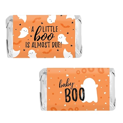 Orange A Little Boo is Almost Due Halloween Baby Shower Wrappers for Mini Chocolate Bars, Party Favor Candy Stickers - 42 Count