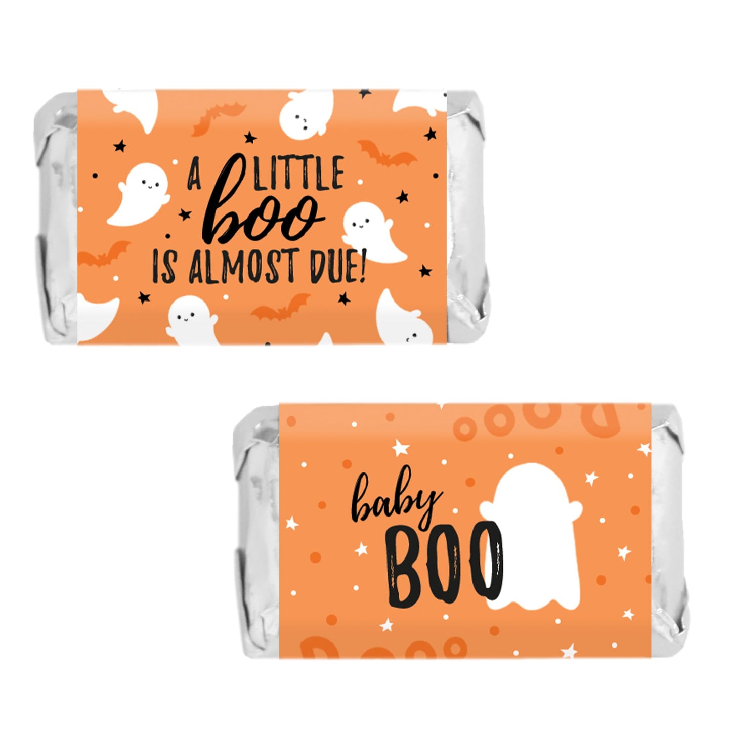 Orange A Little Boo is Almost Due Halloween Baby Shower Wrappers for Mini Chocolate Bars, Party Favor Candy Stickers - 42 Count
