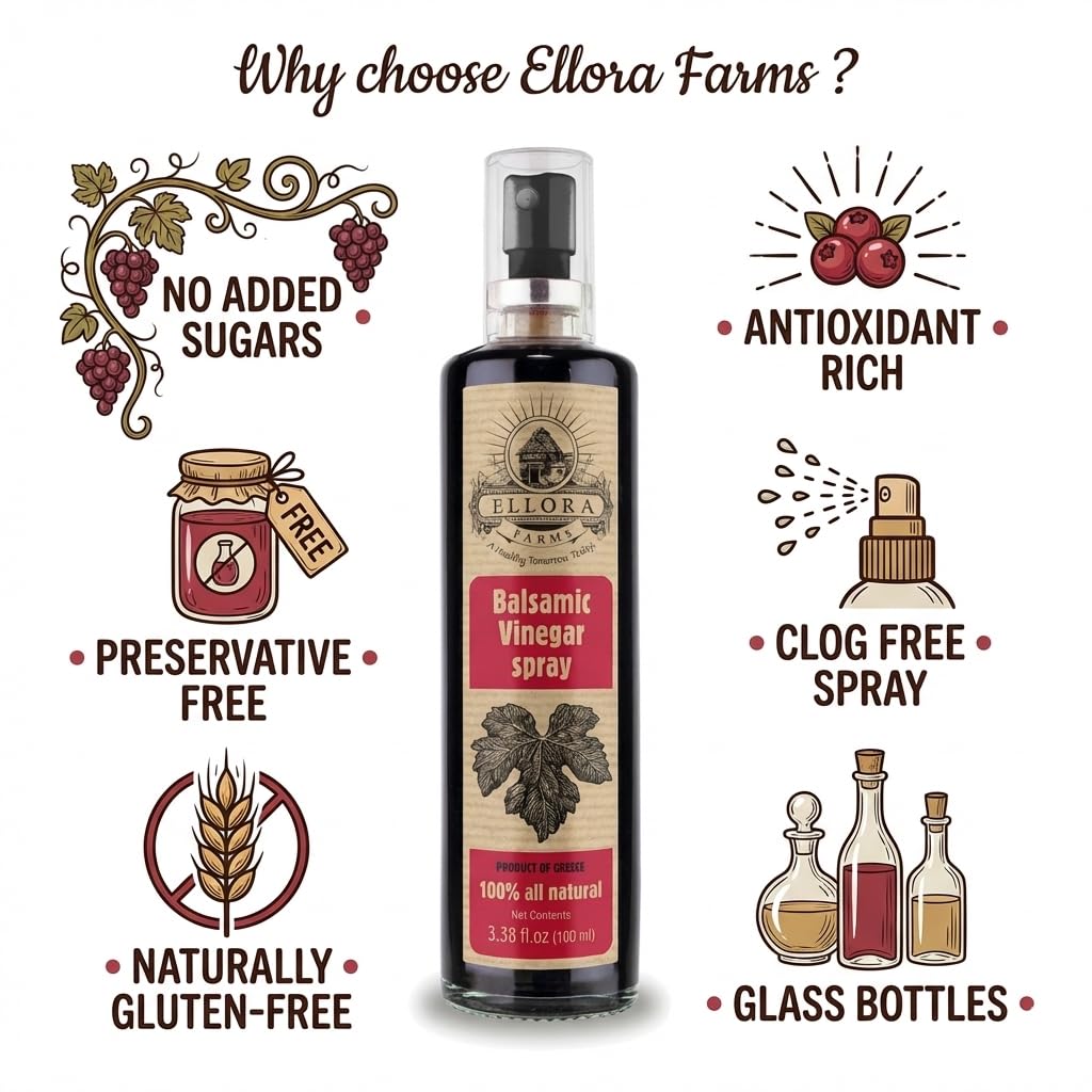 Ellora Farms, Balsamic Vinegar Spray bottle, clog-free pump, barrel aged, Greece, 3.38 oz X 2 Glass bottles in Handcrafted Wooden Gift Box