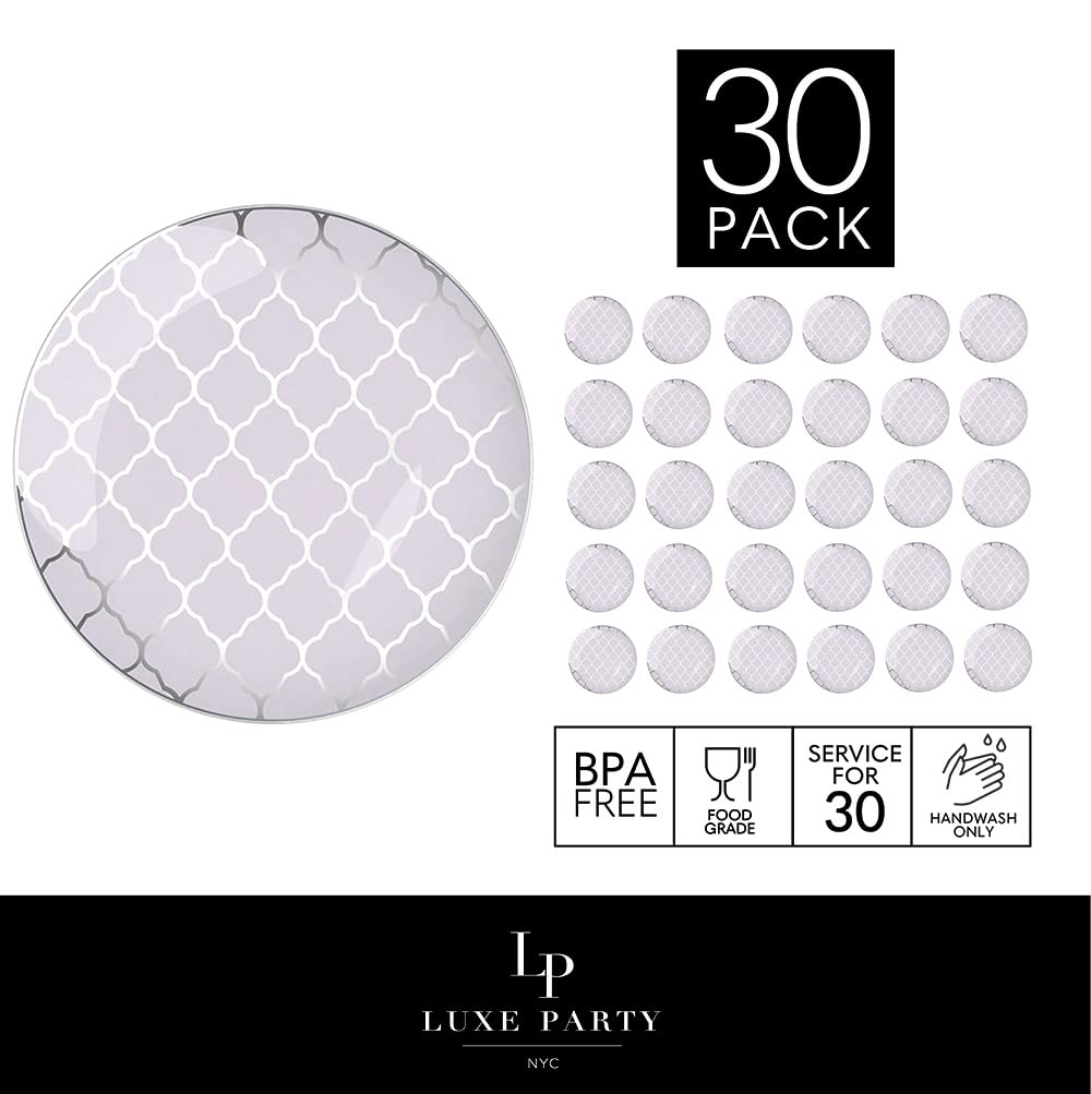 LUXE PARTY NYC Plastic 30 Pack Dinnerware Plates | Disposable| 10.25" | Dinner Plate | Dinner | Buffet| Partyware| Party Supplies | Holidays | Sliver