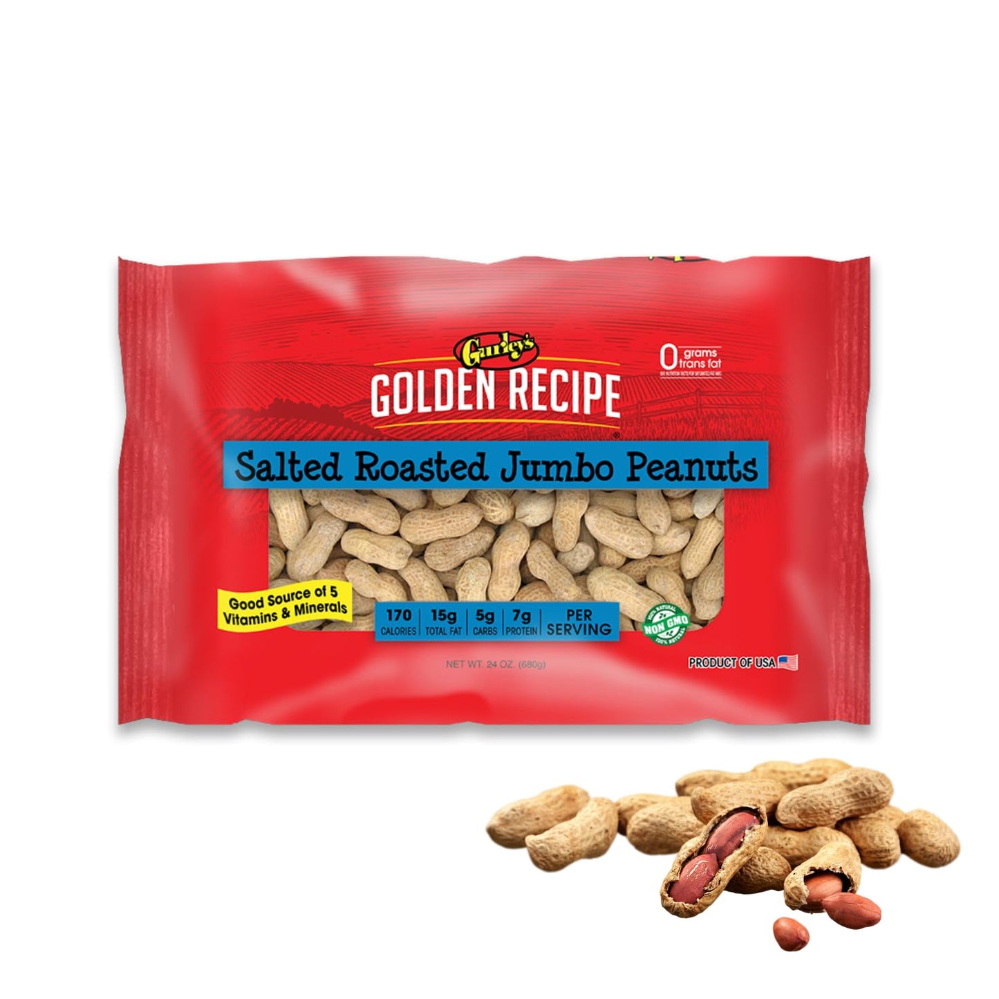 Gurley's Jumbo Salted & Roasted Peanuts In Shell, Non GMO Healthy High Protein Snacks, Salty Peanut Snack Sized Bags, 24 oz Bag In-Shell Party Peanuts
