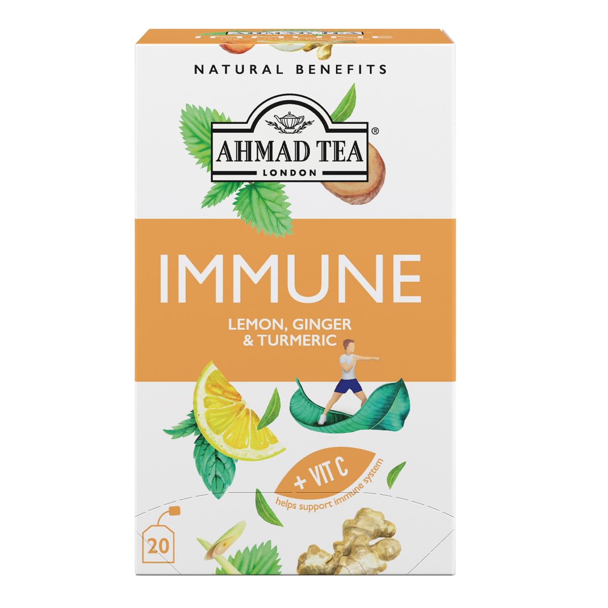 Ahmad Tea Herbal Tea, Lemon, Ginger, Turmeric, & Vitamin C 'Immune' Natural Benefits Teabags, 20 ct (Pack of 6) - Decaffeinated & Sugar-Free